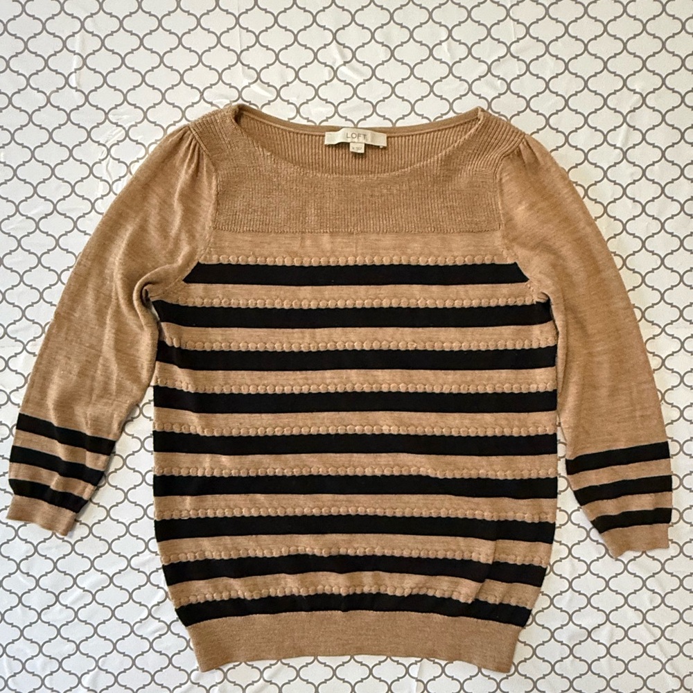 LOFT Camel & Black Striped‎ Scoop Neck Sweater
